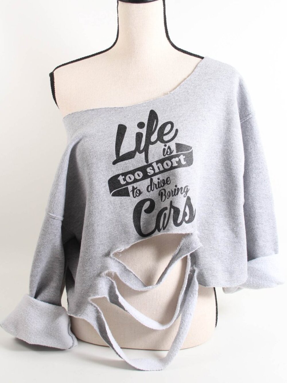 Life Is Too Short Car Graphic Cropped Sweatshirt M Gray Distressed